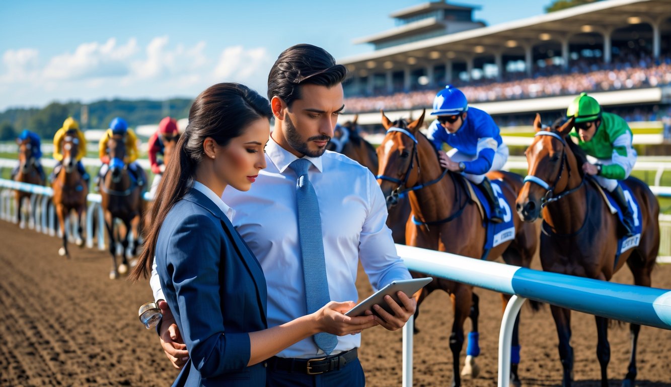 Dua orang berdiri di lintasan pacuan kuda sambil melihat tablet, dengan kuda dan joki siap berlomba di latar belakang.