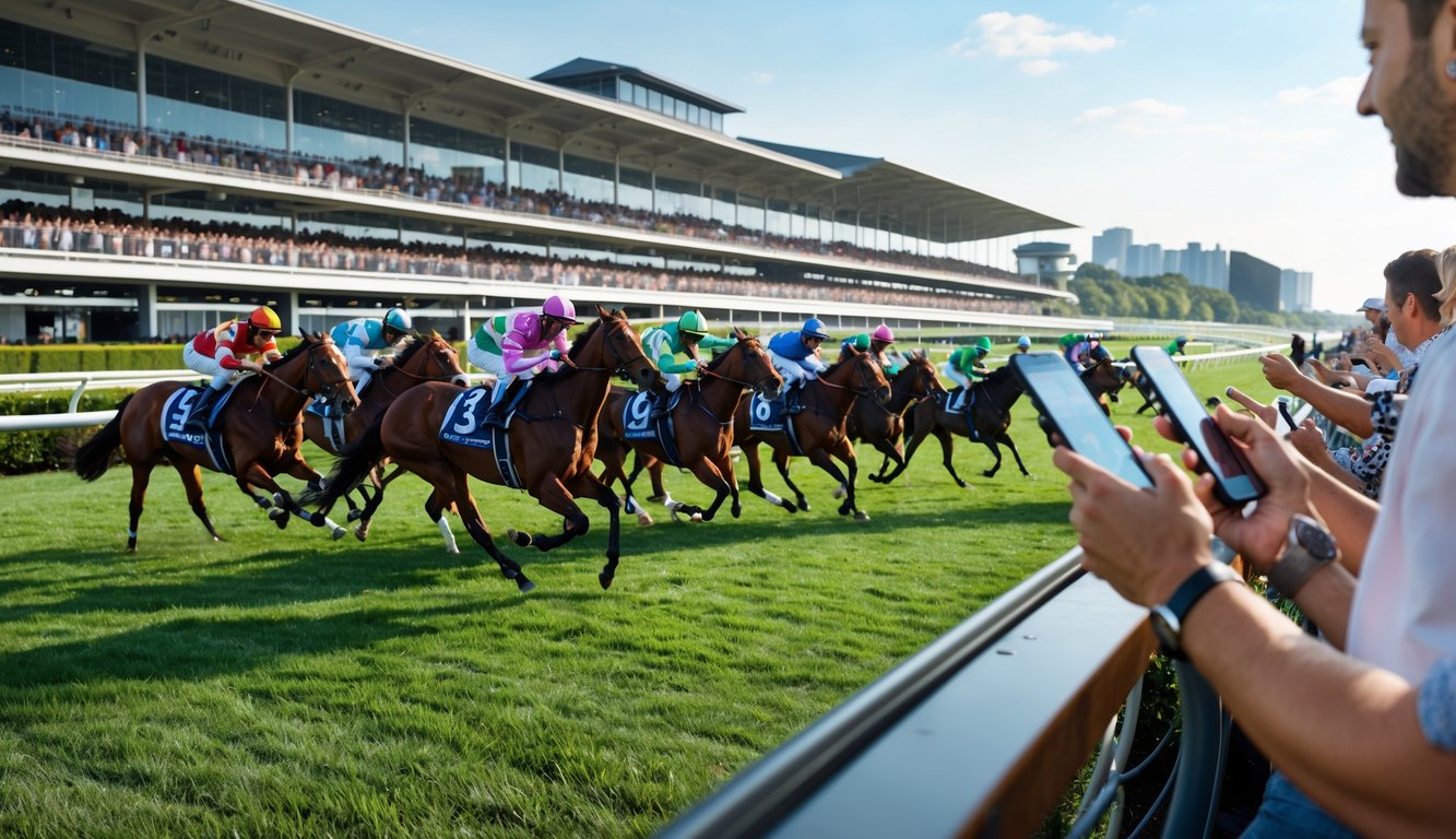Orang-orang sedang memasang taruhan pada balap kuda di lintasan balap yang ramai dengan kuda dan joki yang sedang berlomba.
