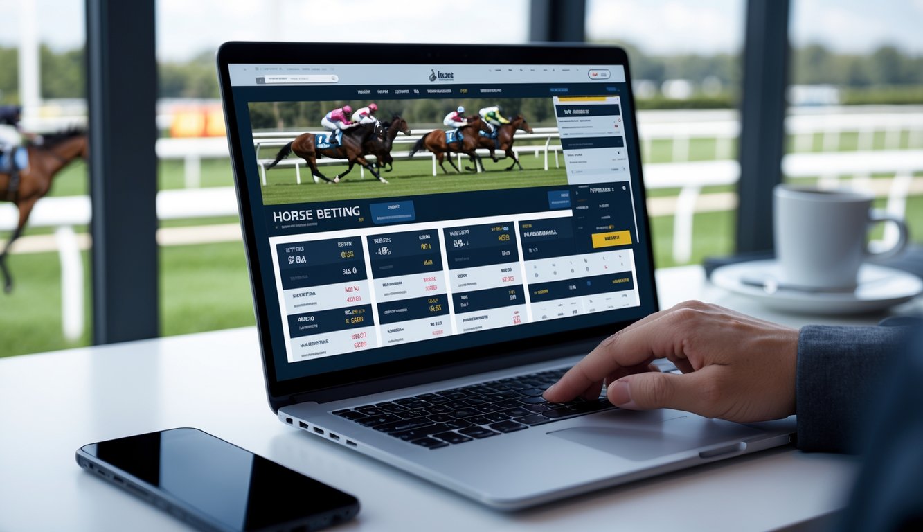 Seseorang menggunakan laptop di meja dengan latar belakang pacuan kuda yang sedang berlangsung.