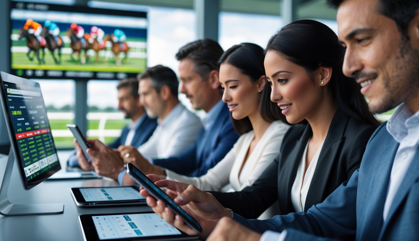 Beberapa orang menggunakan perangkat digital untuk memasang taruhan pada balapan kuda secara langsung.