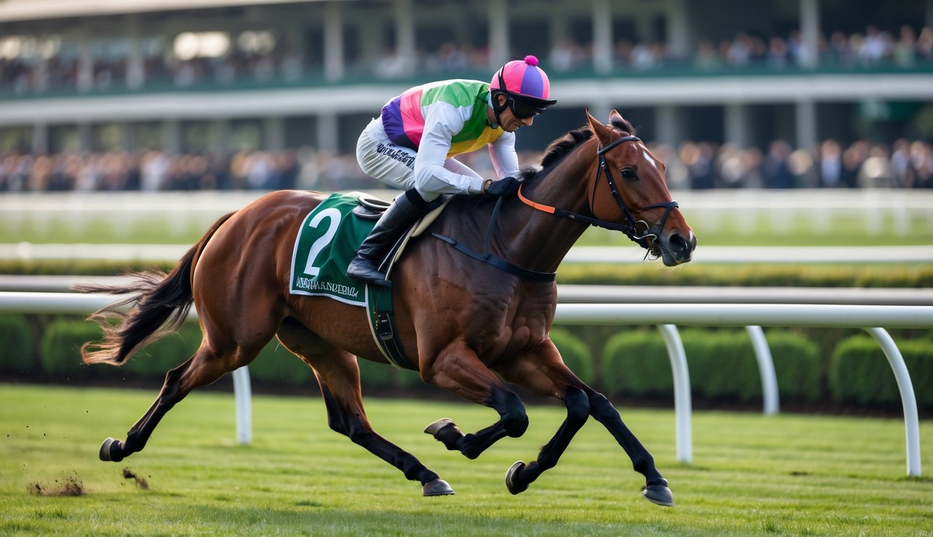 Seekor kuda pacu berlari kencang dengan joki mengenakan pakaian balap berwarna-warni di lintasan pacu kuda.