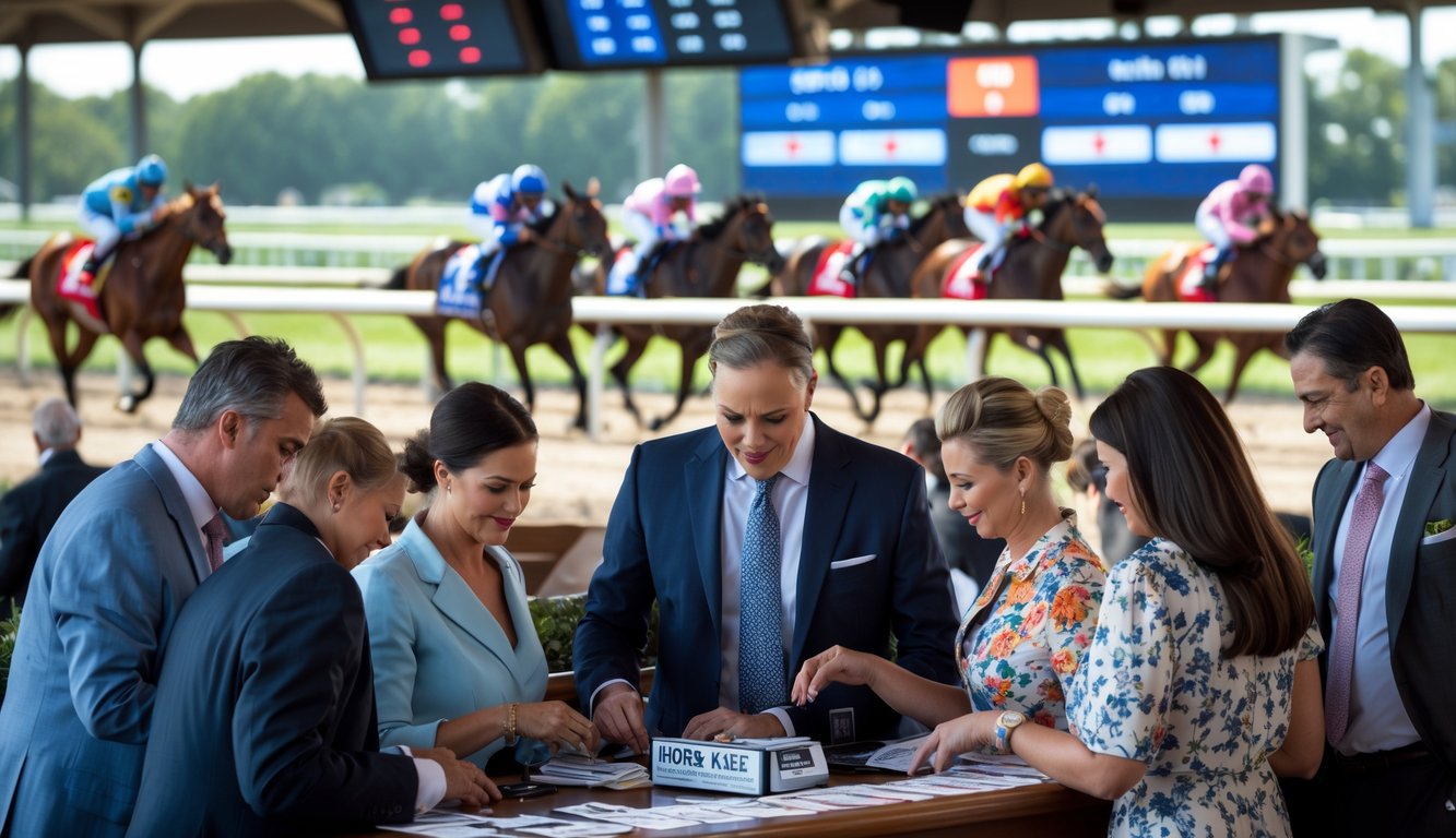 Orang-orang sedang memasang taruhan pada balapan kuda di arena balap kuda.