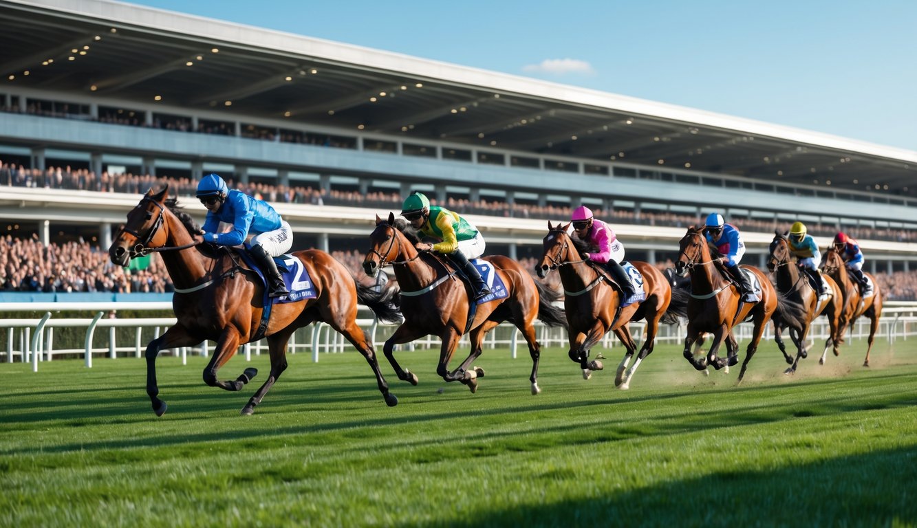 Balapan kuda di lintasan dengan joki yang sedang mengendarai kuda-kuda yang berlari cepat di depan tribun penonton.