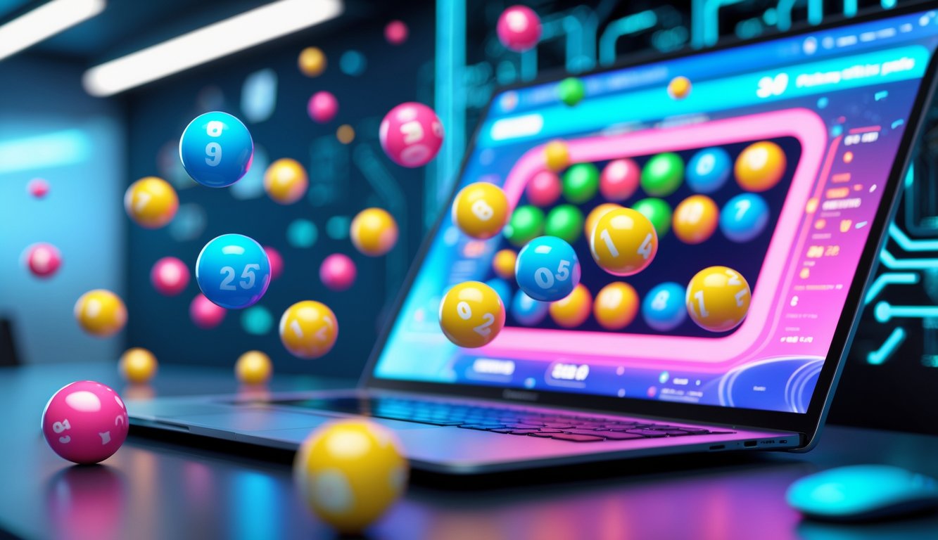Sebuah komputer modern menampilkan bola lotere 3D berwarna-warni di layar dengan latar belakang ruang kerja teknologi yang terang.