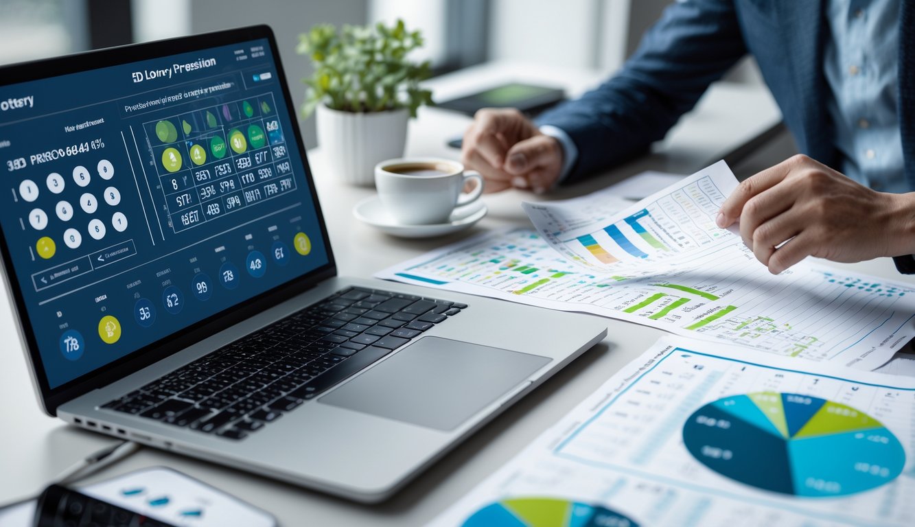 Seorang pria sedang menganalisis data angka di depan laptop dan kertas di meja kerja yang rapi.