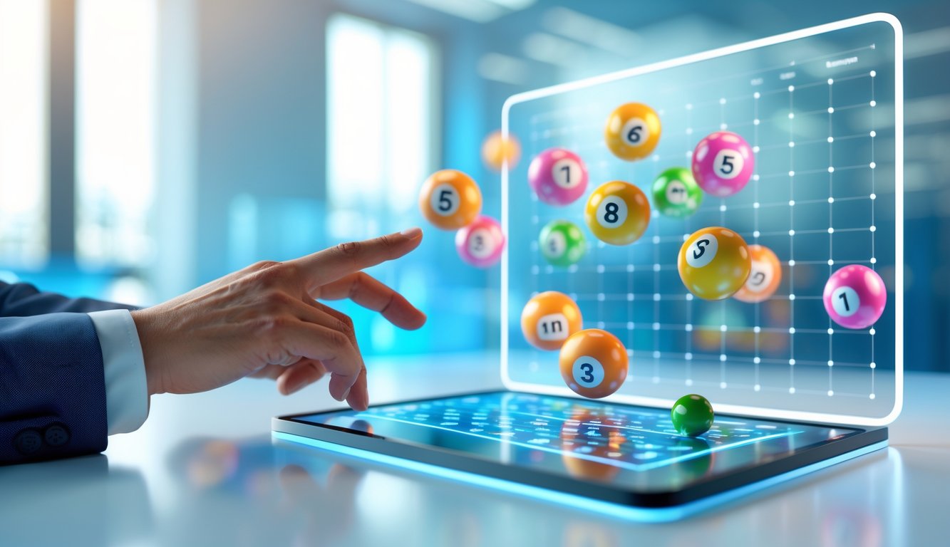 Tangan seorang profesional menggunakan layar sentuh dengan bola lotere 3D berwarna-warni di lingkungan kantor yang terang.