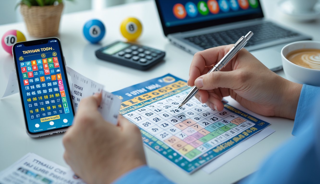 Tangan seseorang sedang mengisi tiket taruhan togel 3D di meja dengan ponsel menampilkan aplikasi togel di dekatnya.