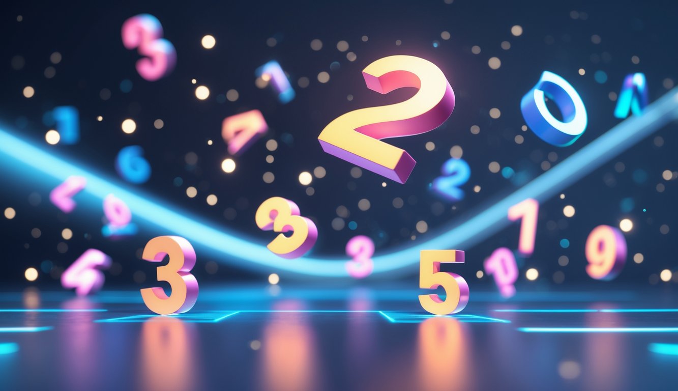 Antarmuka digital dengan angka 3D mengambang dalam latar gelap dengan efek cahaya.