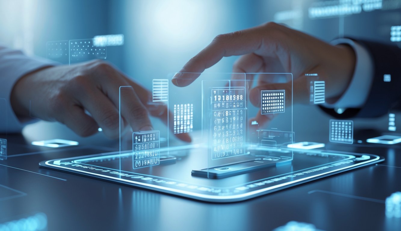 Antarmuka digital modern dengan pola angka 3D dan grafik yang ditampilkan di layar sentuh transparan, dengan tangan seseorang sedang berinteraksi.