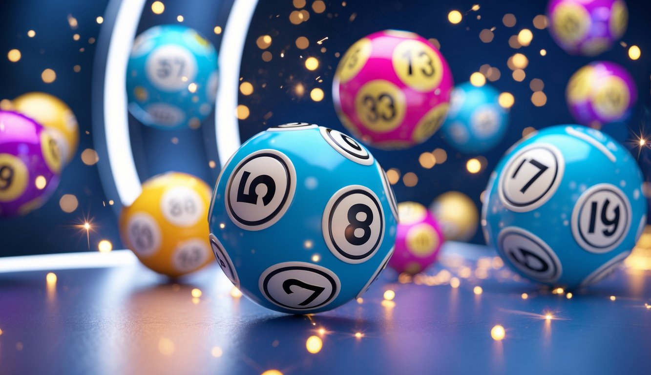 Beberapa bola lotere 3D berwarna-warni dengan angka mengambang di udara di latar belakang modern yang terang.