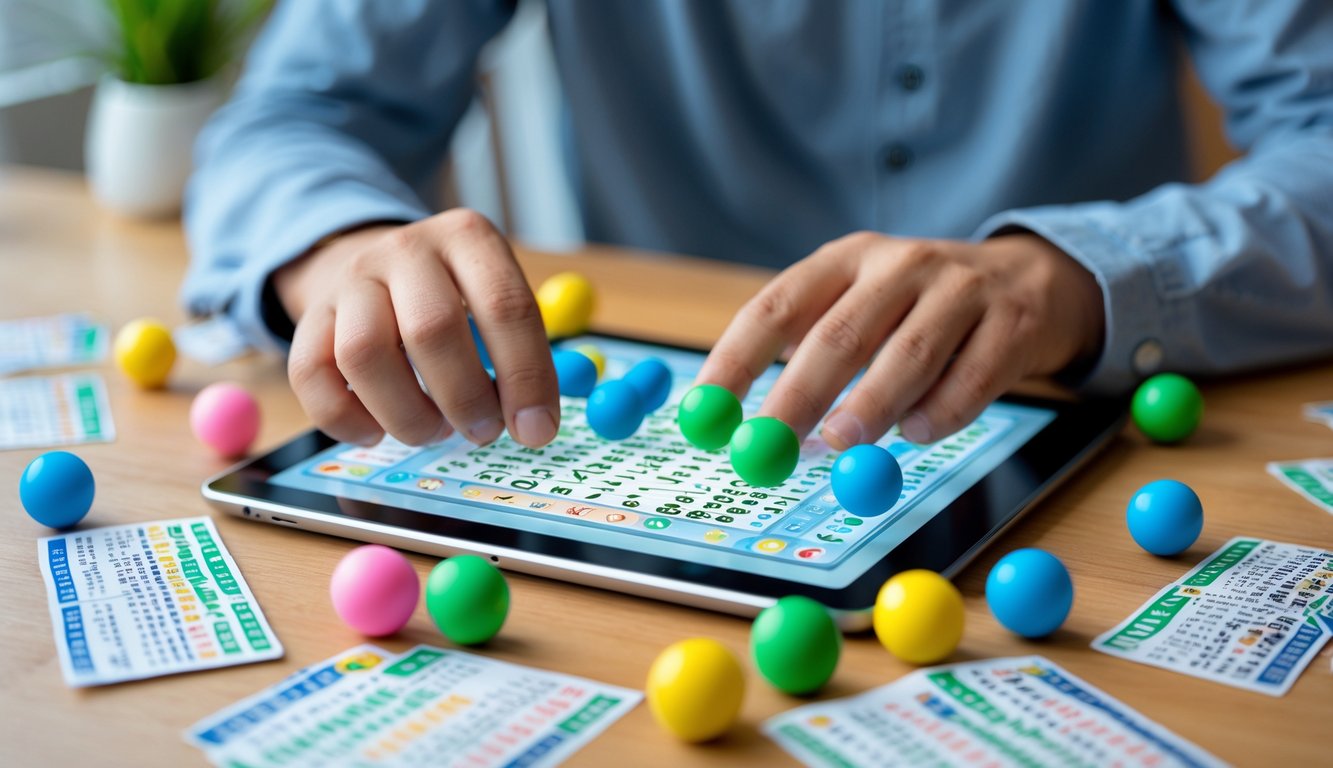 Seseorang sedang menganalisis angka togel 3D dengan tablet dan tiket togel di atas meja kayu.