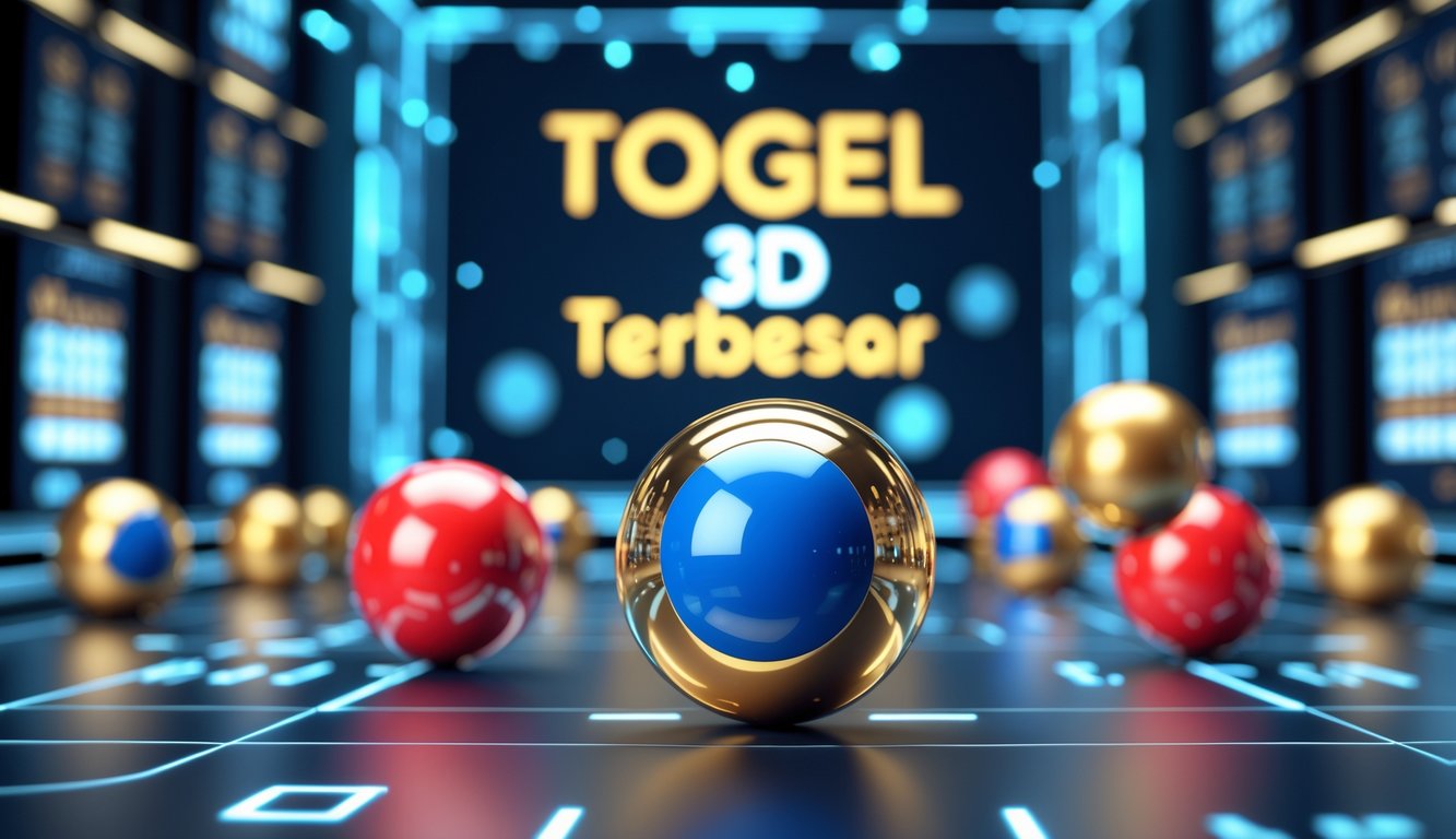 Beberapa bola togel 3D berwarna cerah mengambang di latar belakang gelap dengan pola digital.
