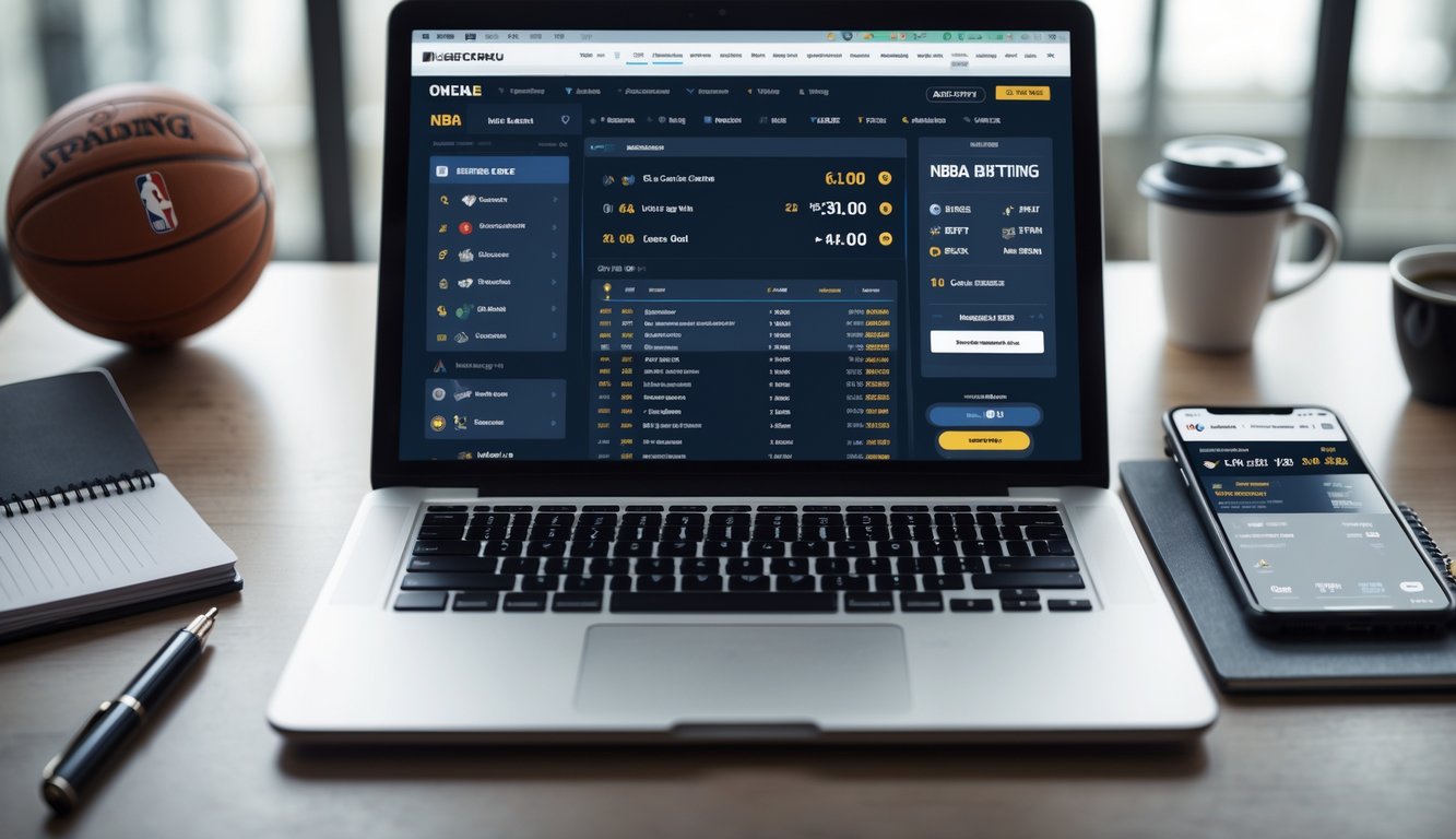 Seorang pria menggunakan laptop dan ponsel untuk memasang taruhan NBA online di ruang kerja modern.