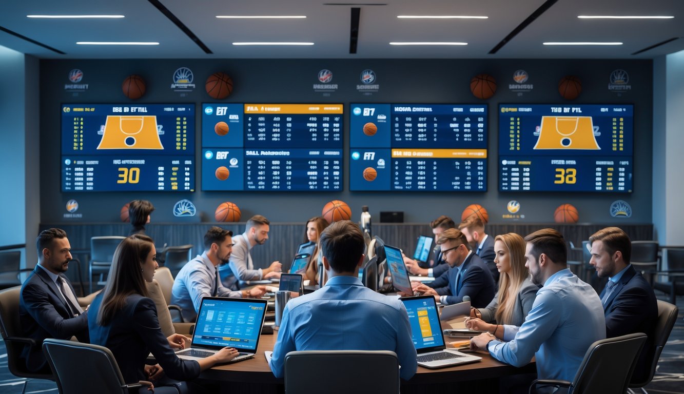 Beberapa orang sedang memasang taruhan pada pertandingan NBA menggunakan perangkat elektronik di ruangan dengan layar besar yang menampilkan statistik dan peluang taruhan.