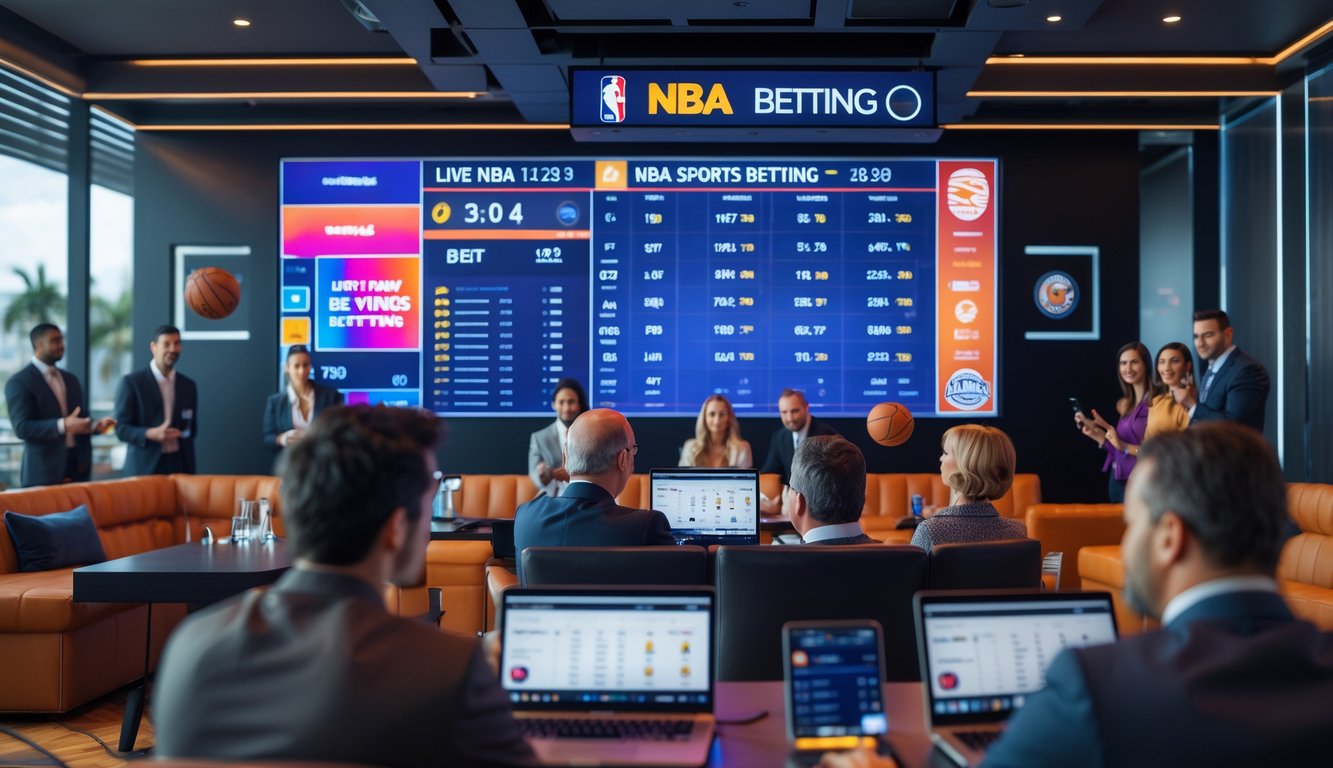 Sekelompok orang menonton pertandingan NBA dan menggunakan perangkat elektronik untuk memasang taruhan di sebuah ruang olahraga modern.