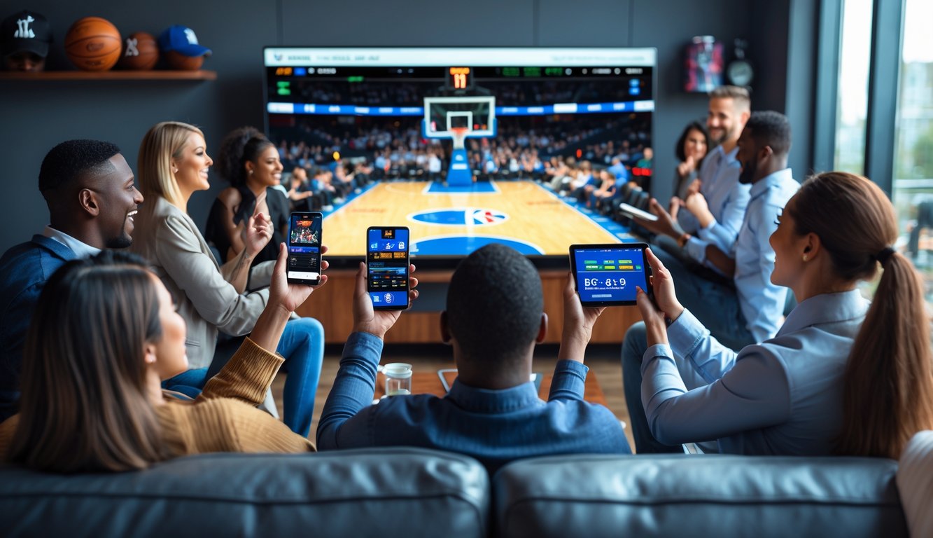 Sekelompok orang menonton pertandingan NBA secara langsung sambil menggunakan perangkat elektronik untuk bertaruh.