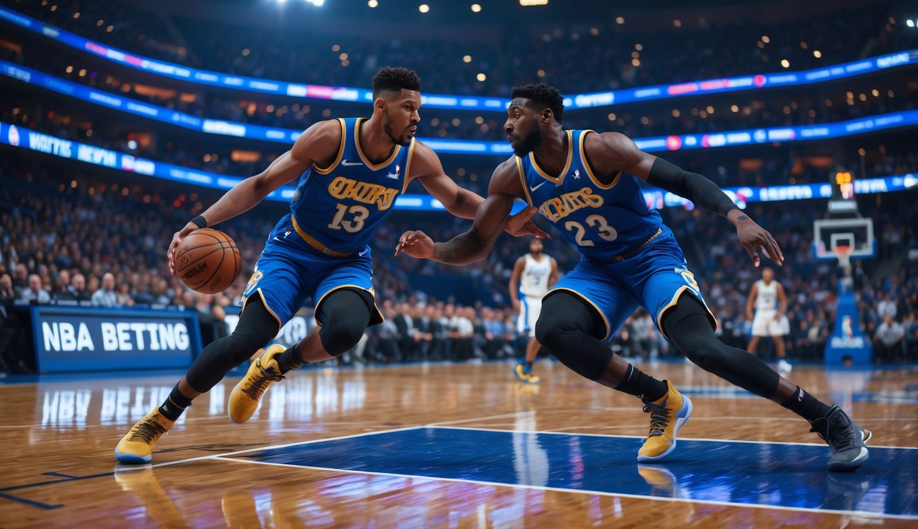 Dua pemain basket NBA sedang beraksi di lapangan dalam pertandingan yang intens dengan penonton di latar belakang