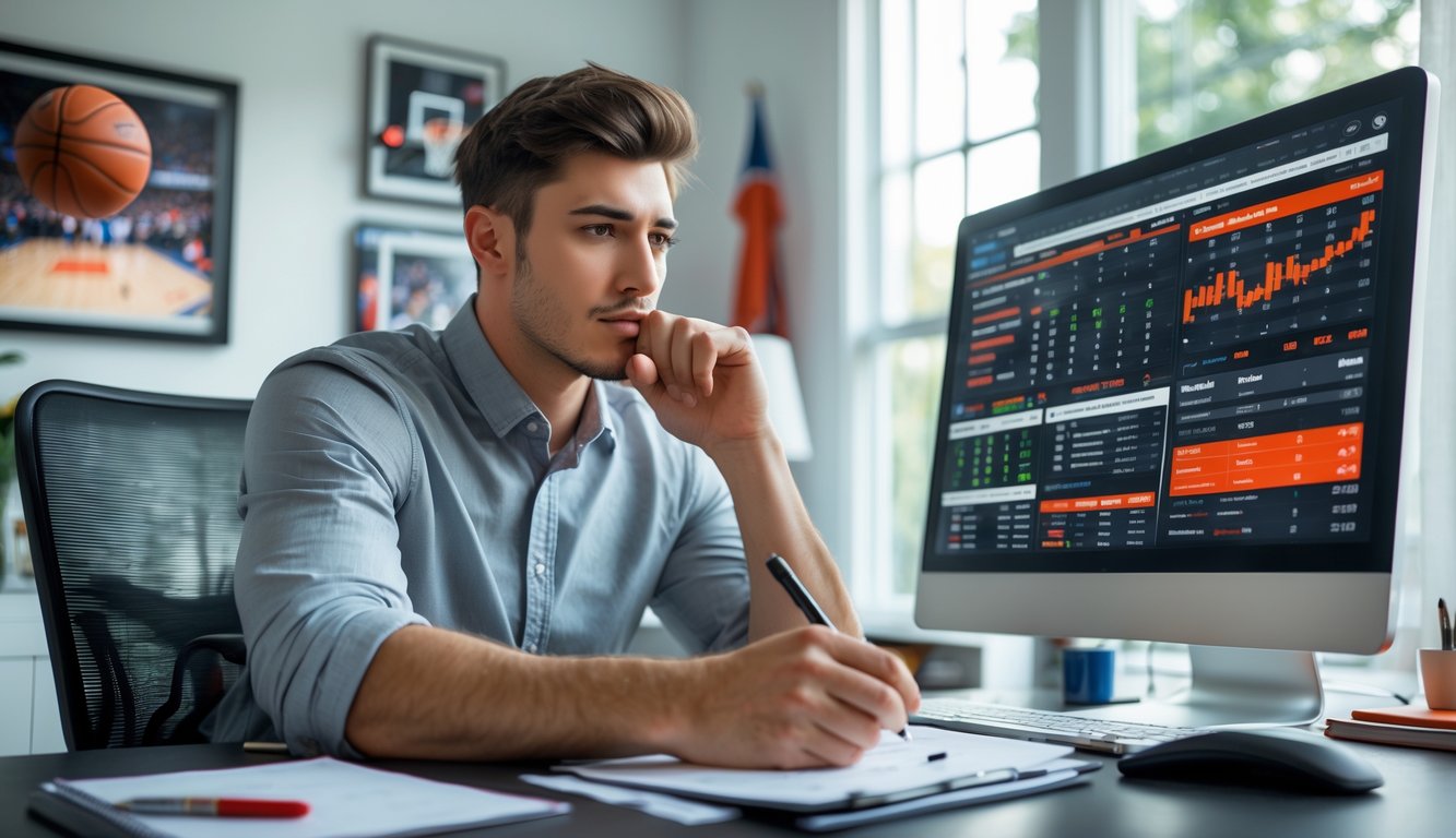 Seorang pria muda duduk di meja kerja, fokus menganalisis statistik NBA di layar komputer di ruang kerja rumah yang terang dan rapi.