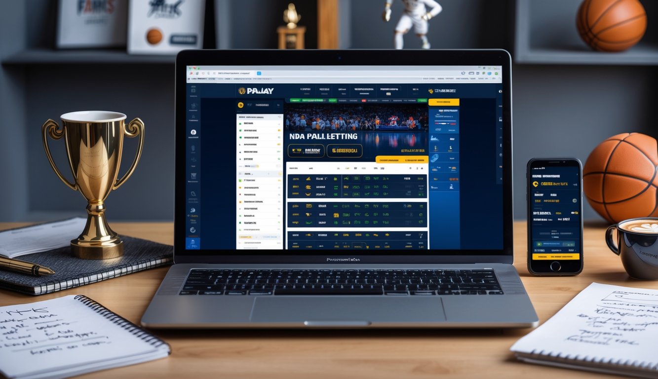 Meja kerja dengan laptop yang menampilkan situs taruhan NBA, ponsel dengan skor NBA, buku catatan strategi taruhan, dan secangkir kopi.