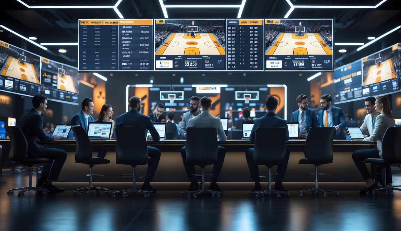 Sekelompok orang sedang melihat layar besar yang menampilkan pertandingan NBA dan data taruhan di ruangan modern.