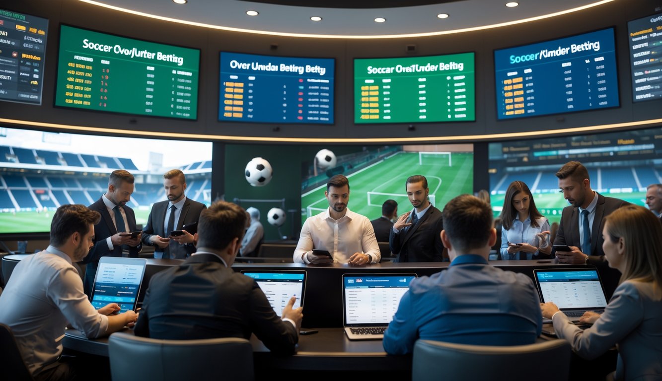 Sejumlah orang sedang berada di ruang taruhan olahraga dengan layar besar yang menampilkan statistik dan peluang taruhan sepak bola.