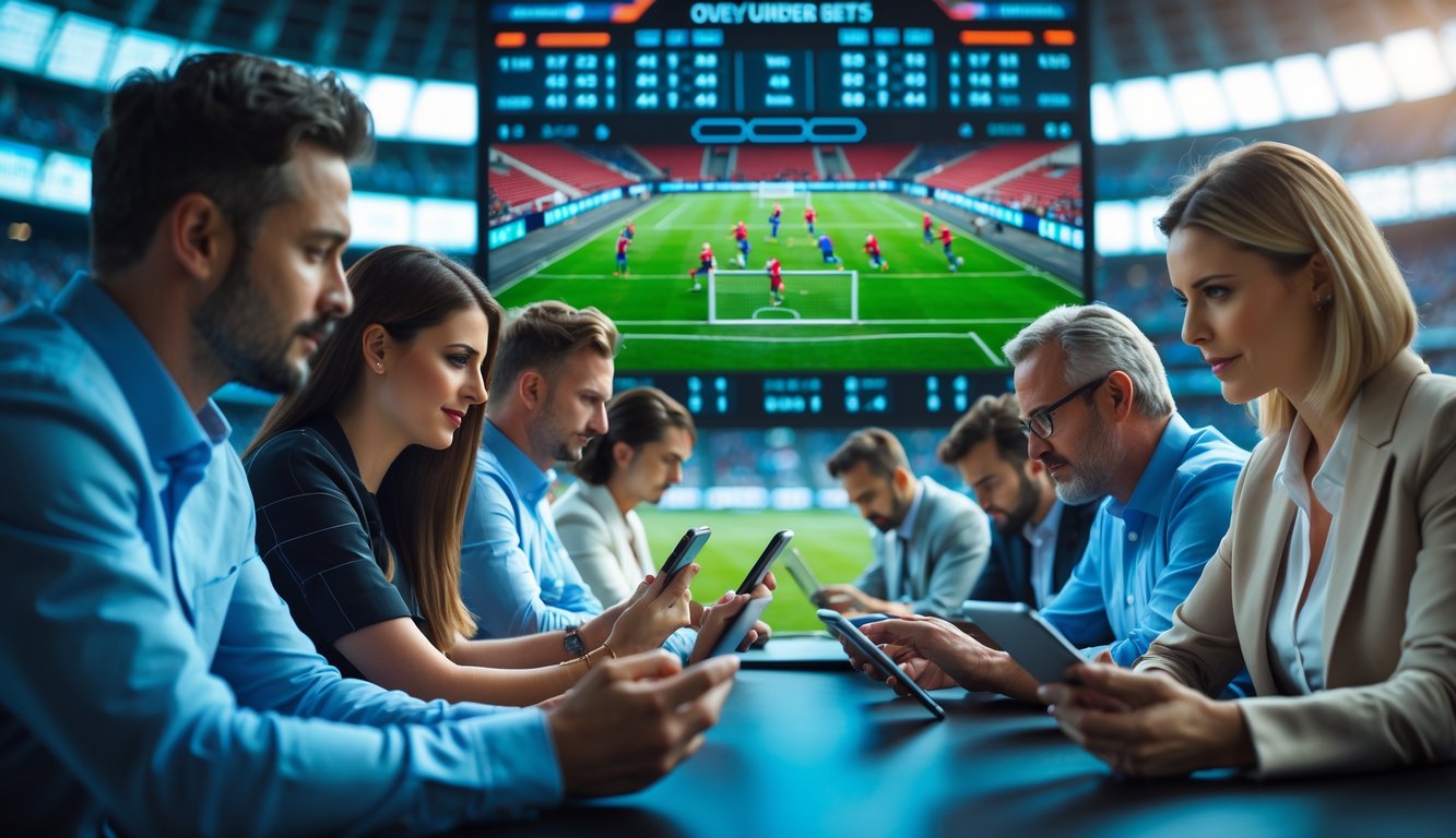 Orang-orang sedang menganalisis data taruhan bola dengan layar besar pertandingan sepak bola di latar belakang.