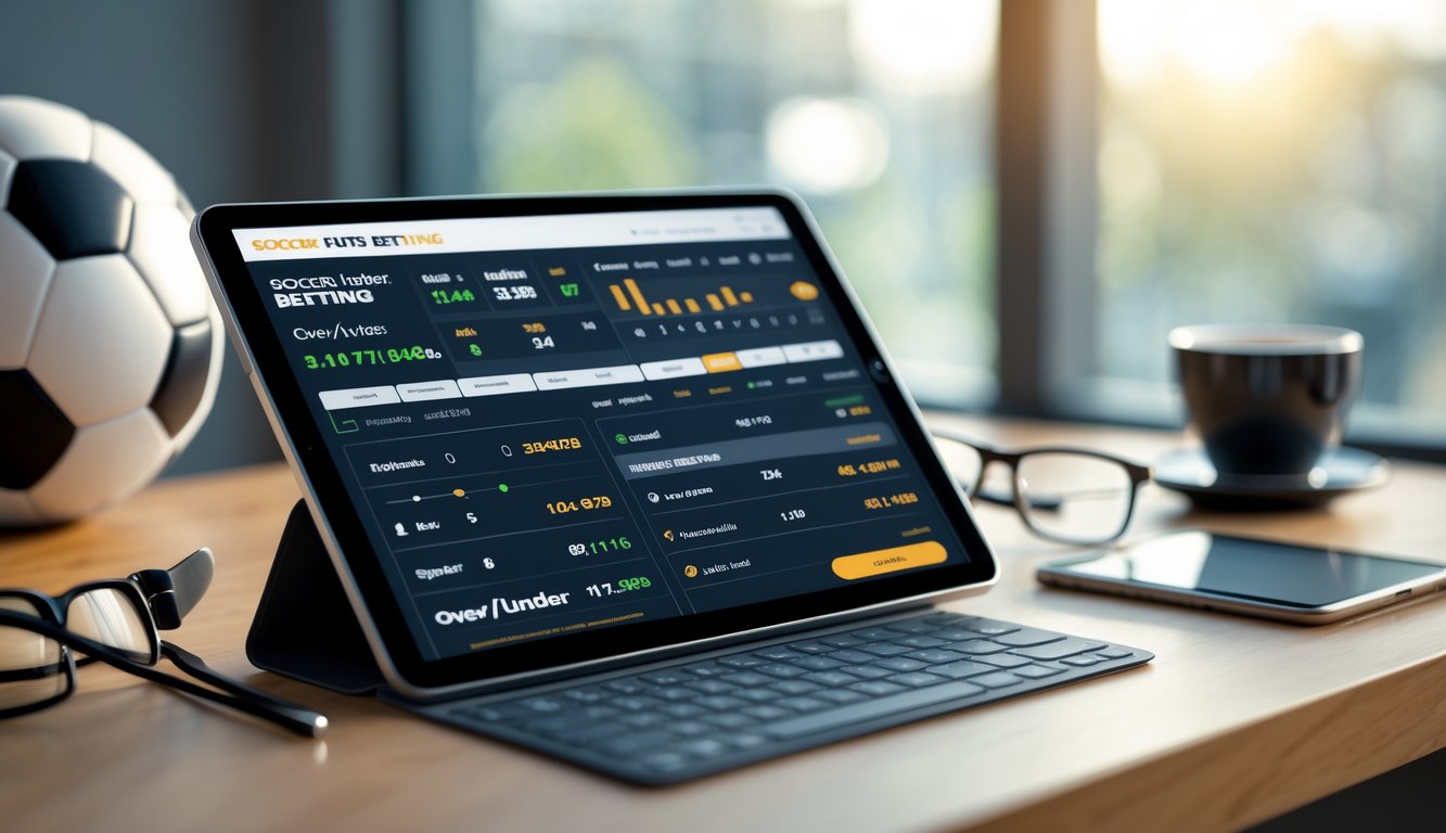Sebuah meja dengan perangkat digital menampilkan antarmuka taruhan bola, bola sepak di samping, dan suasana ruangan yang nyaman.