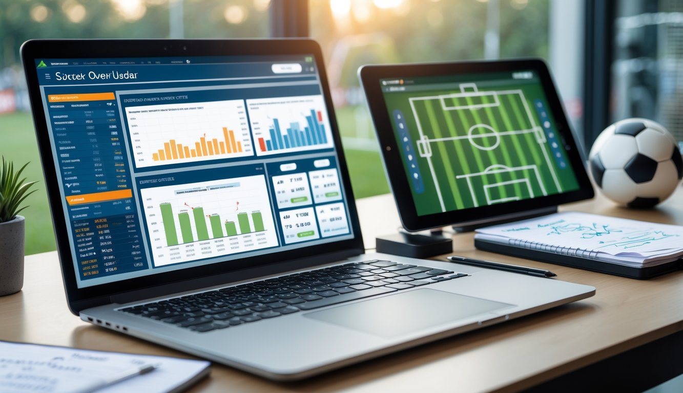 Ruang kerja analis olahraga dengan laptop, tablet, bola sepak, dan catatan di atas meja.