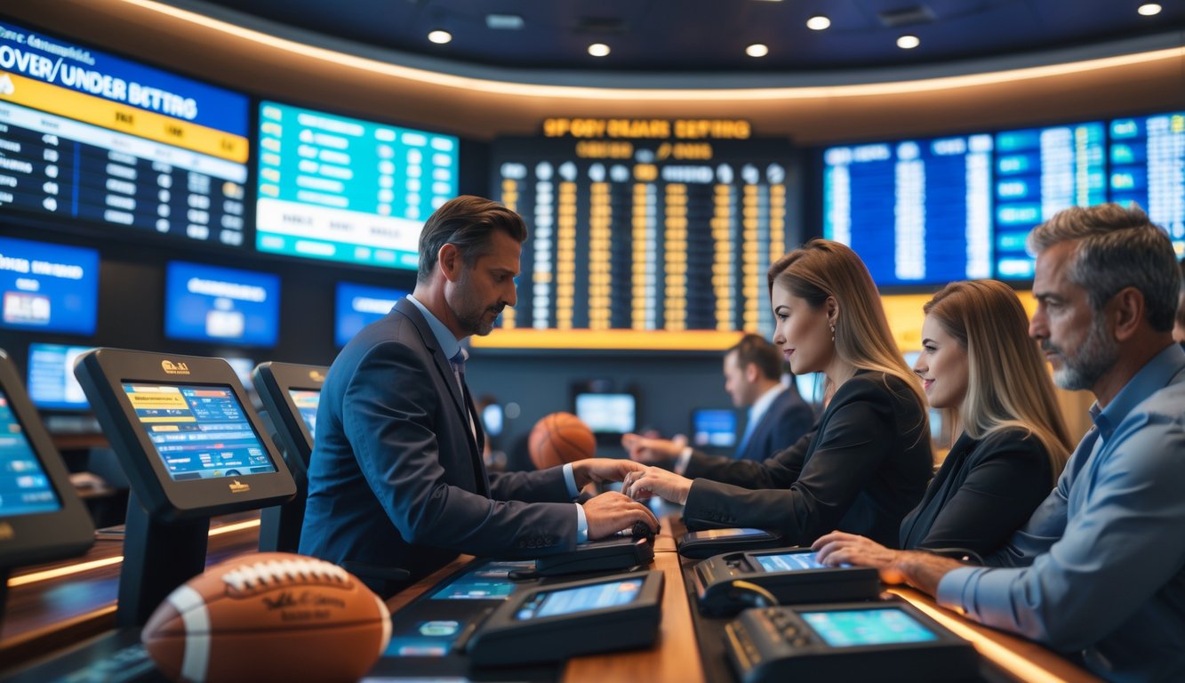 Orang-orang di ruang taruhan olahraga modern sedang menggunakan perangkat untuk memasang taruhan Over/Under dengan layar besar menampilkan acara olahraga.