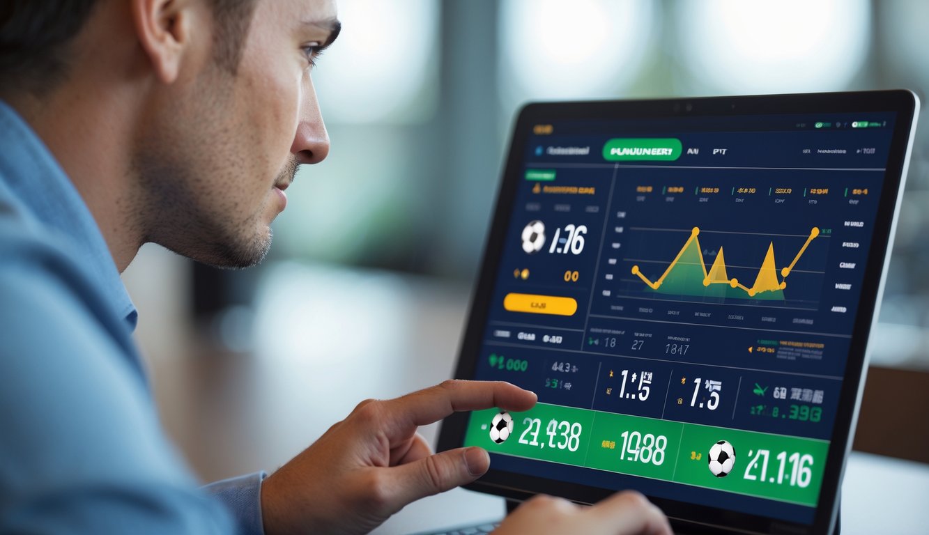 Seseorang menggunakan perangkat digital untuk melihat data taruhan over/under dalam pertandingan sepak bola.