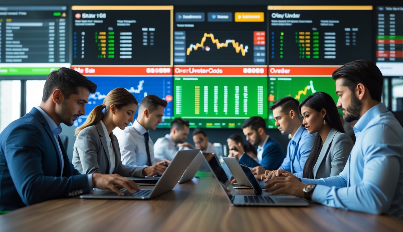 Orang-orang sedang menganalisis data olahraga di ruangan modern dengan layar besar yang menampilkan grafik dan skor pertandingan.