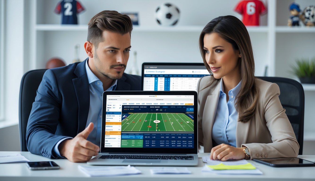 Seorang pria dan wanita duduk di meja dengan laptop yang menampilkan statistik olahraga dan peluang taruhan, berdiskusi dengan serius di kantor yang terang.