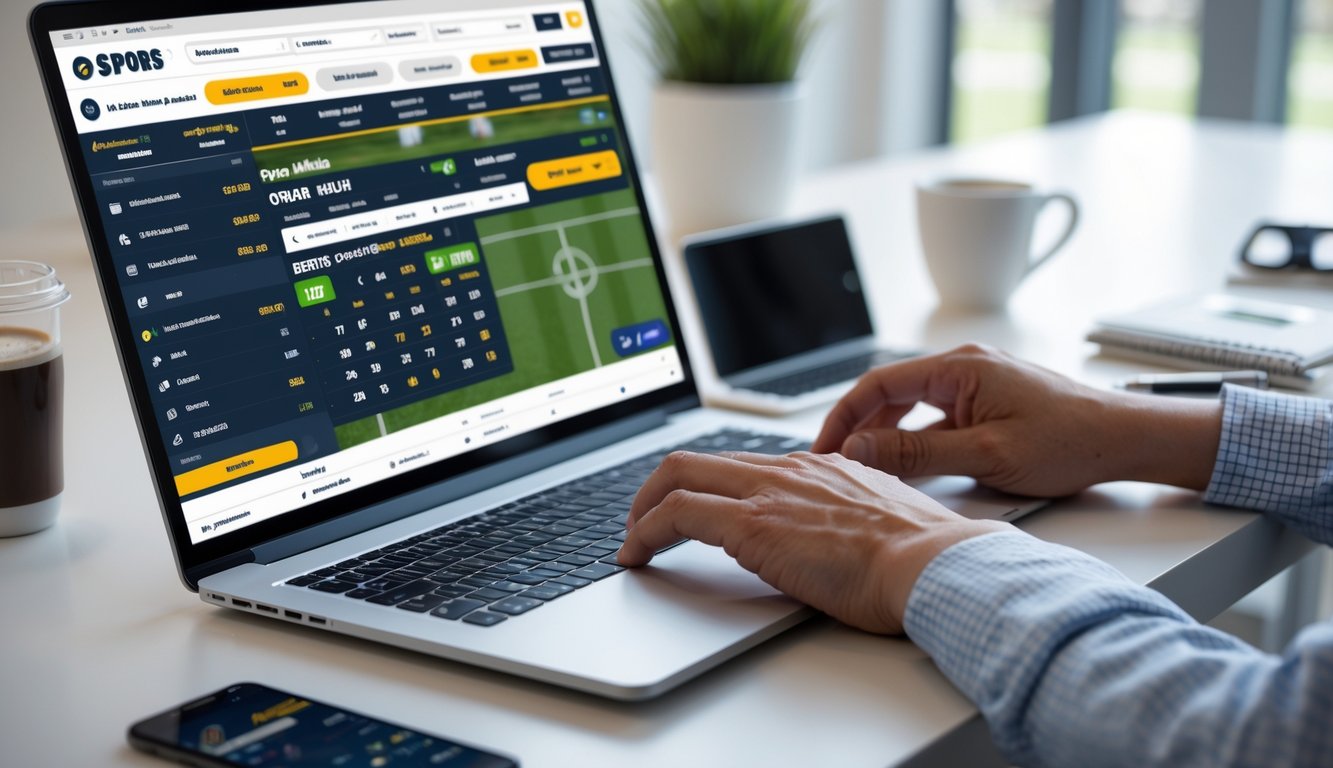 Seseorang menggunakan laptop di meja kerja dengan tampilan situs taruhan olahraga online, fokus pada taruhan over/under dalam pertandingan sepak bola.
