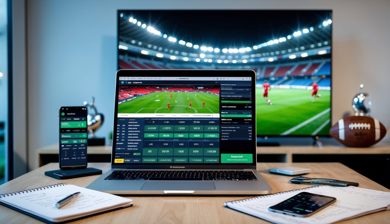 Seseorang menggunakan laptop dengan tampilan statistik pertandingan sepak bola dan perangkat elektronik di meja, dengan layar televisi menampilkan pertandingan sepak bola langsung di latar belakang.