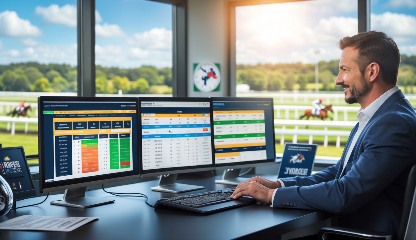 Seorang pria profesional di kantor modern sedang melihat data balap kuda di layar komputer dengan latar belakang lintasan balap dan kuda yang sedang berlari.