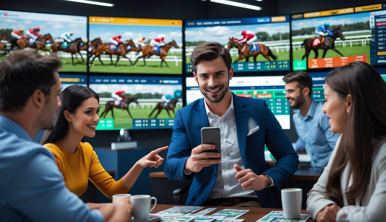 Beberapa orang menonton balapan kuda secara online di layar besar dengan seorang pria memegang ponsel untuk memasang taruhan.