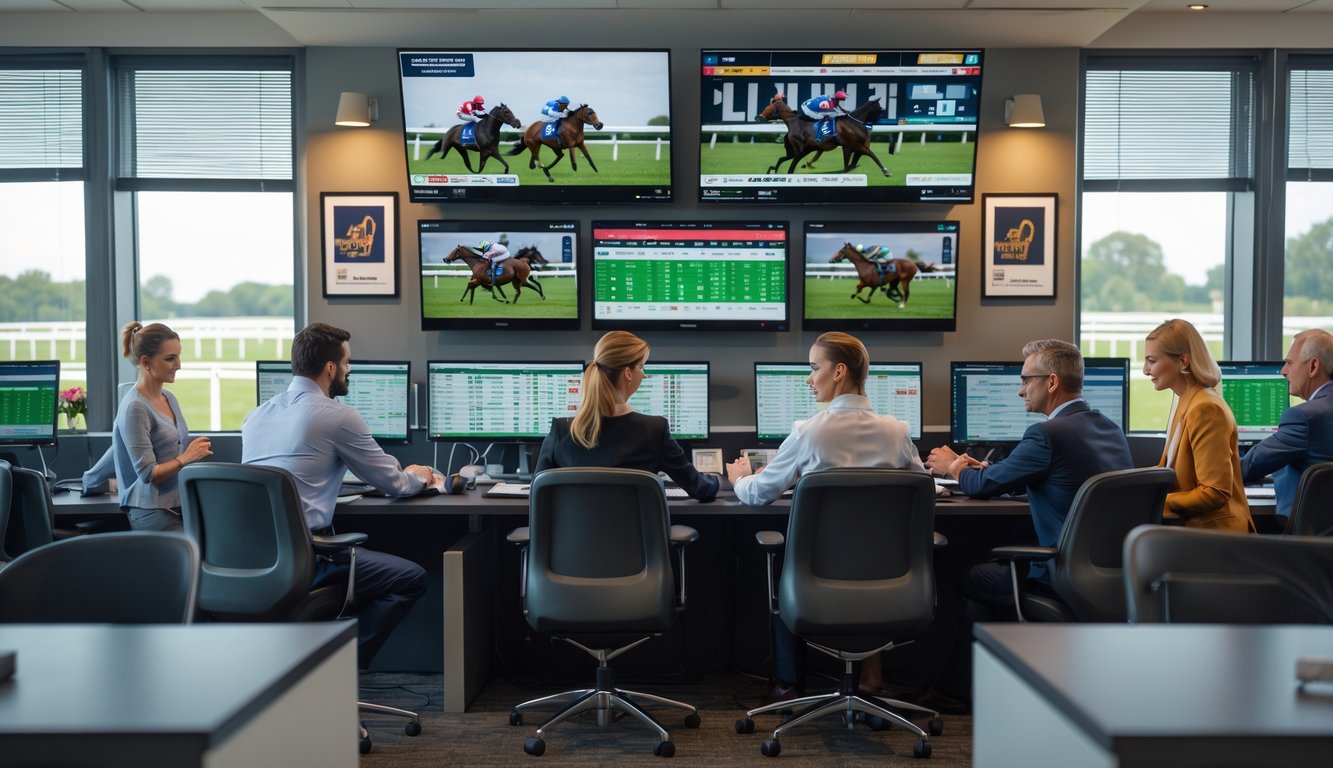 Orang-orang sedang memasang taruhan dan berdiskusi di sebuah kantor agen judi balap kuda dengan layar komputer menampilkan informasi balapan.