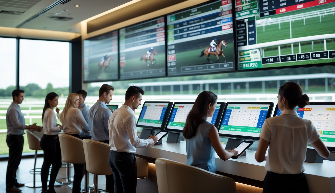 Suasana agen taruhan kuda dengan pelanggan menggunakan perangkat untuk memasang taruhan dan petugas membantu di dalam ruangan yang terang dan modern.