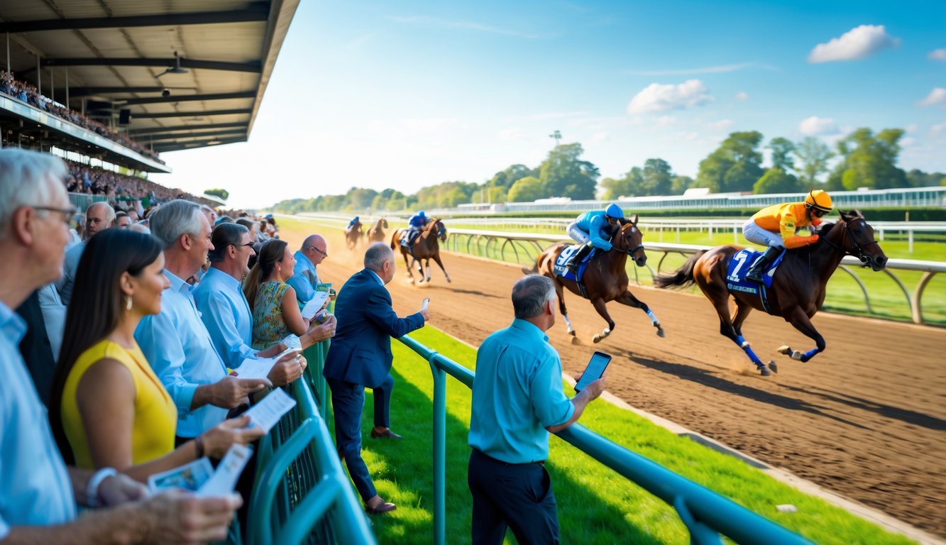 Balapan kuda di lintasan dengan beberapa kuda dan joki yang sedang berlari cepat, serta penonton yang mengamati perlombaan dengan antusias.