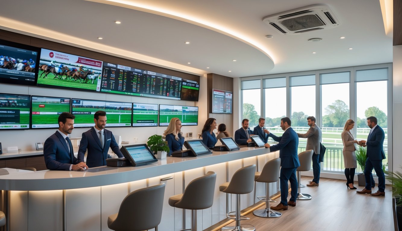 Suasana dalam agen taruhan kuda dengan pelanggan dan staf di dalam ruang modern yang terang dan rapi.