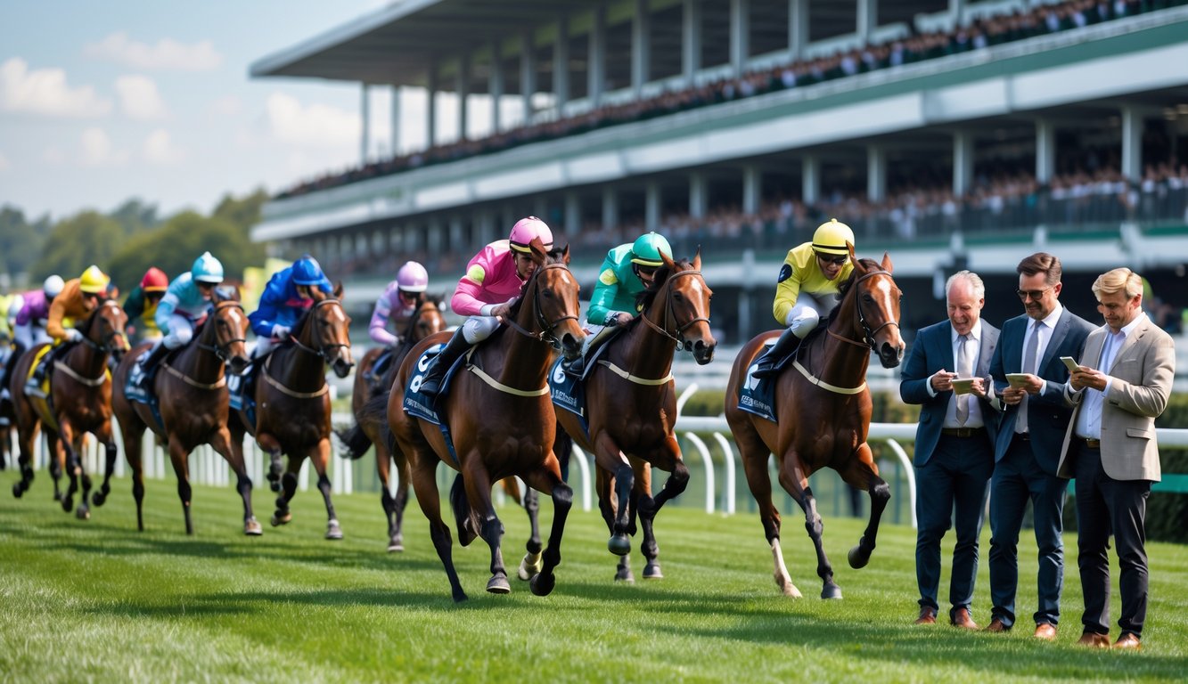 Suasana balap kuda resmi dengan kuda dan joki yang berlari serta penonton yang sedang memasang taruhan.