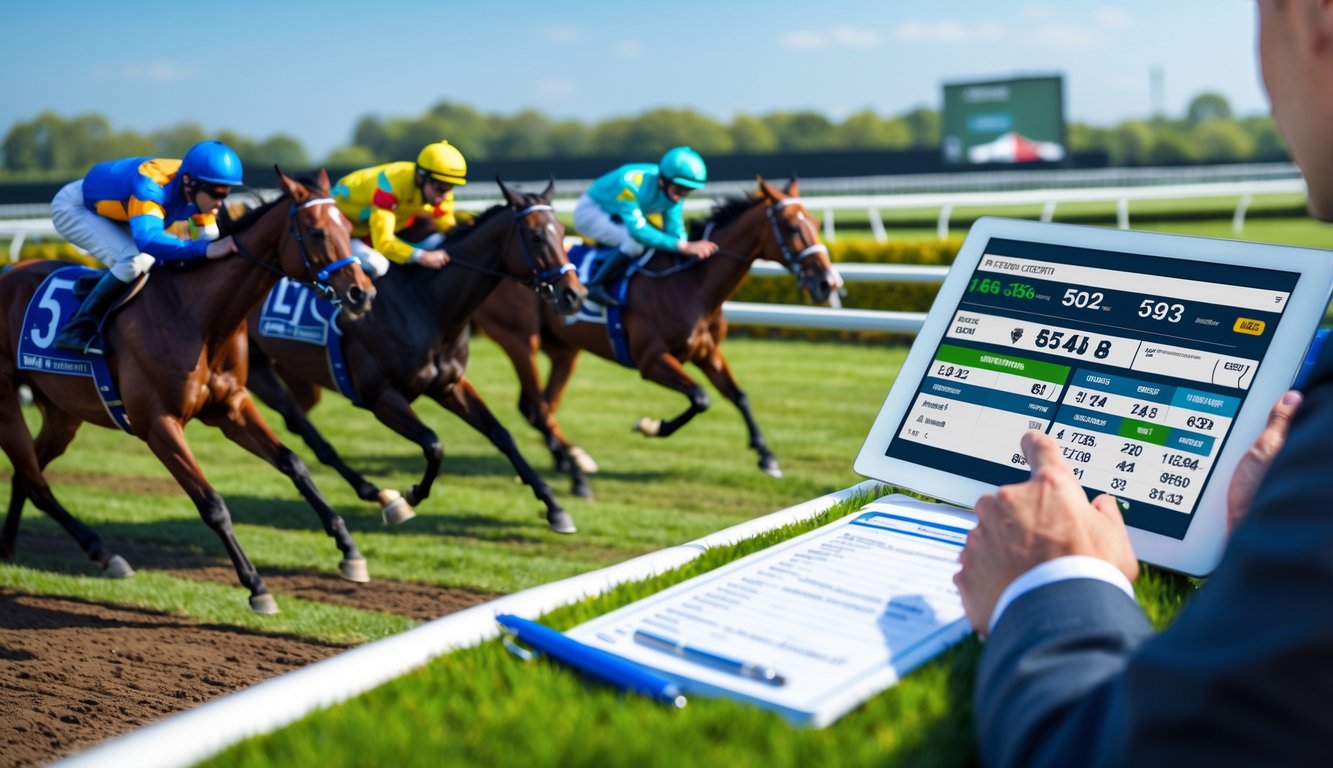 Seorang petaruh sedang melihat data balap kuda dengan latar belakang kuda-kuda yang sedang berlari di lintasan balap.