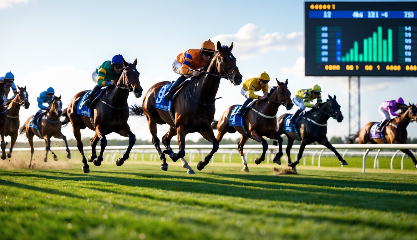 Beberapa kuda pacuan berlari cepat di lintasan dengan joki mengenakan pakaian berwarna-warni, latar belakang lintasan hijau dan papan taruhan digital yang menampilkan angka dan grafik.