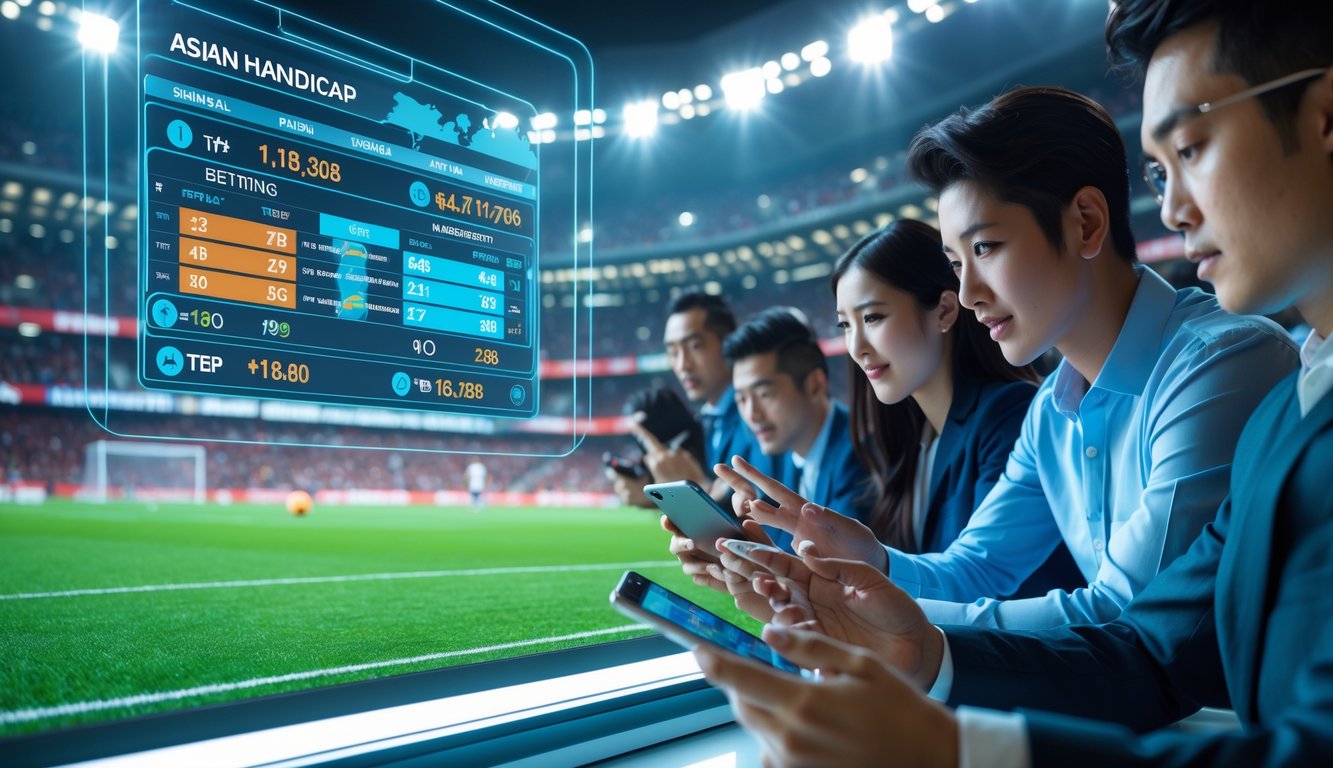 Beberapa orang Asia sedang menggunakan perangkat digital untuk memasang taruhan sepak bola dengan latar belakang stadion yang ramai dan terang.