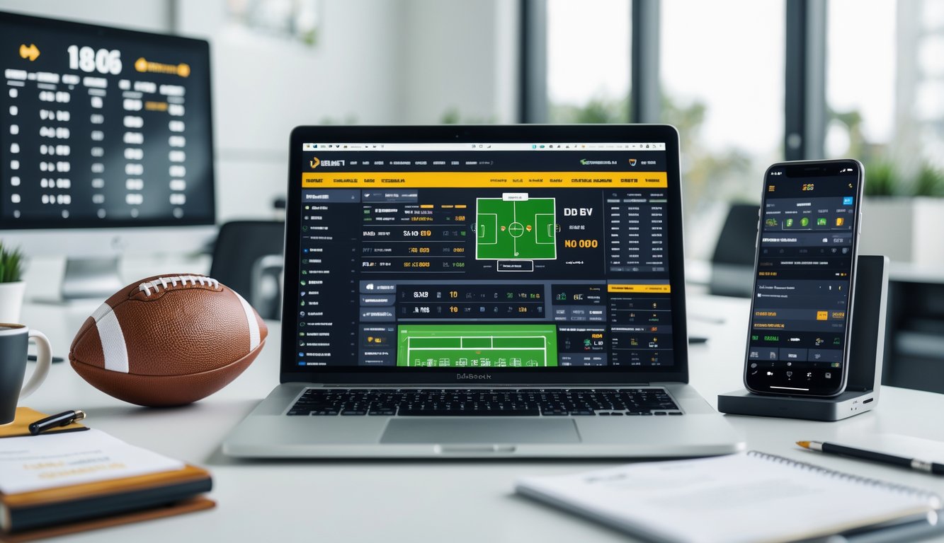 Seorang pria menggunakan laptop di meja kerja dengan bola sepak di sampingnya, menampilkan suasana taruhan bola online.