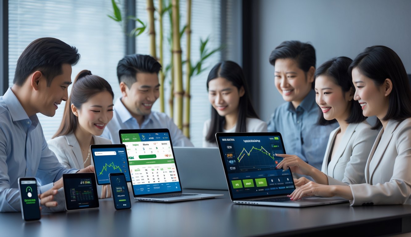 Sekelompok orang Asia menggunakan perangkat digital untuk taruhan judi handicap di lingkungan yang modern dan terpercaya.