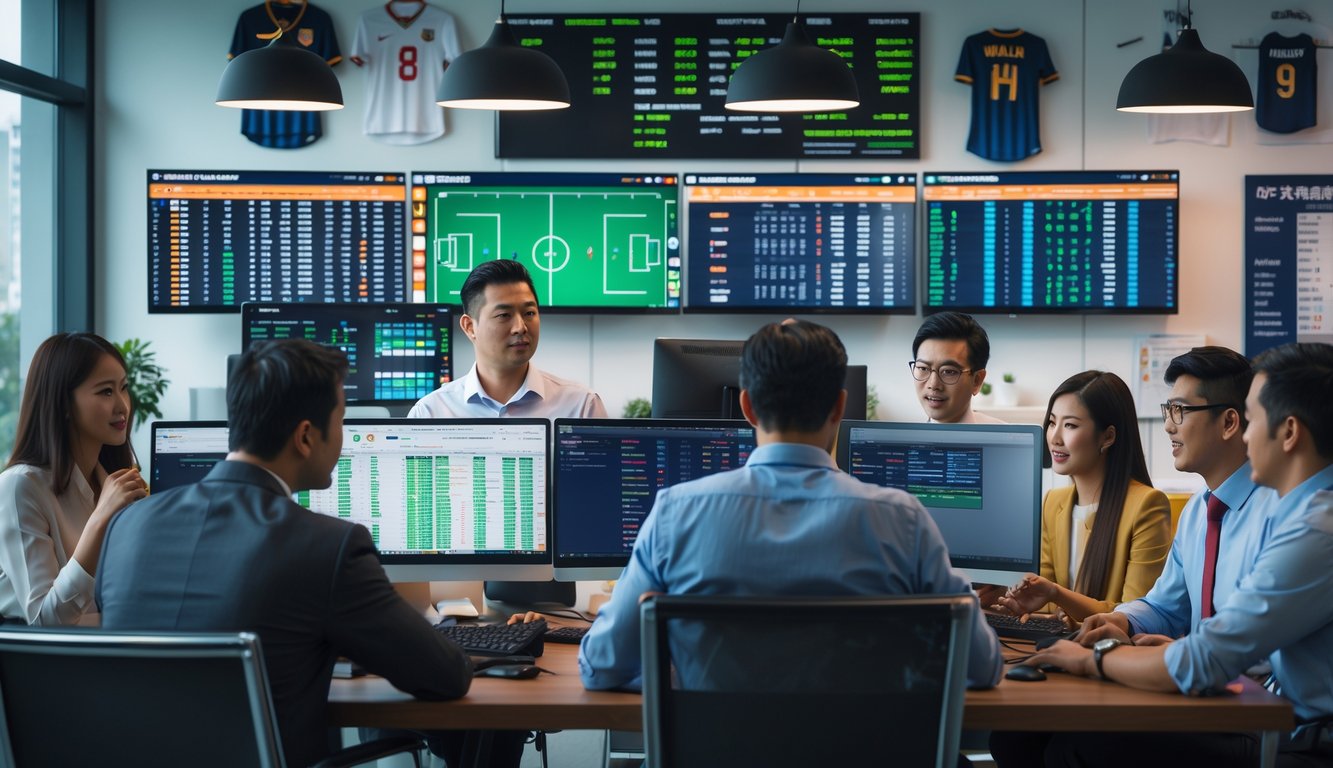 Suasana kantor agen judi bola dengan beberapa orang sedang melihat layar komputer yang menampilkan statistik dan peluang taruhan sepak bola.