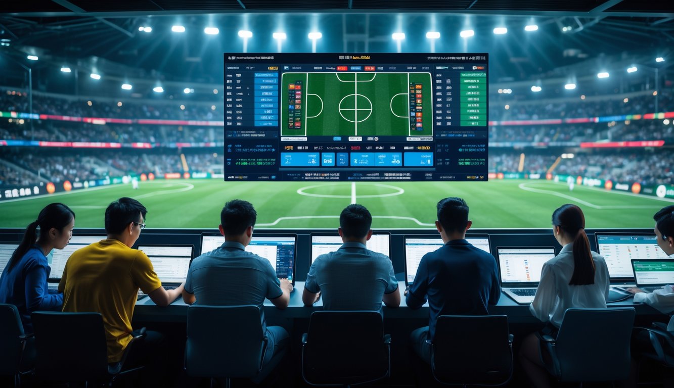 Orang-orang sedang melihat data taruhan sepak bola handicap Asia di layar digital dengan latar belakang stadion sepak bola yang ramai.