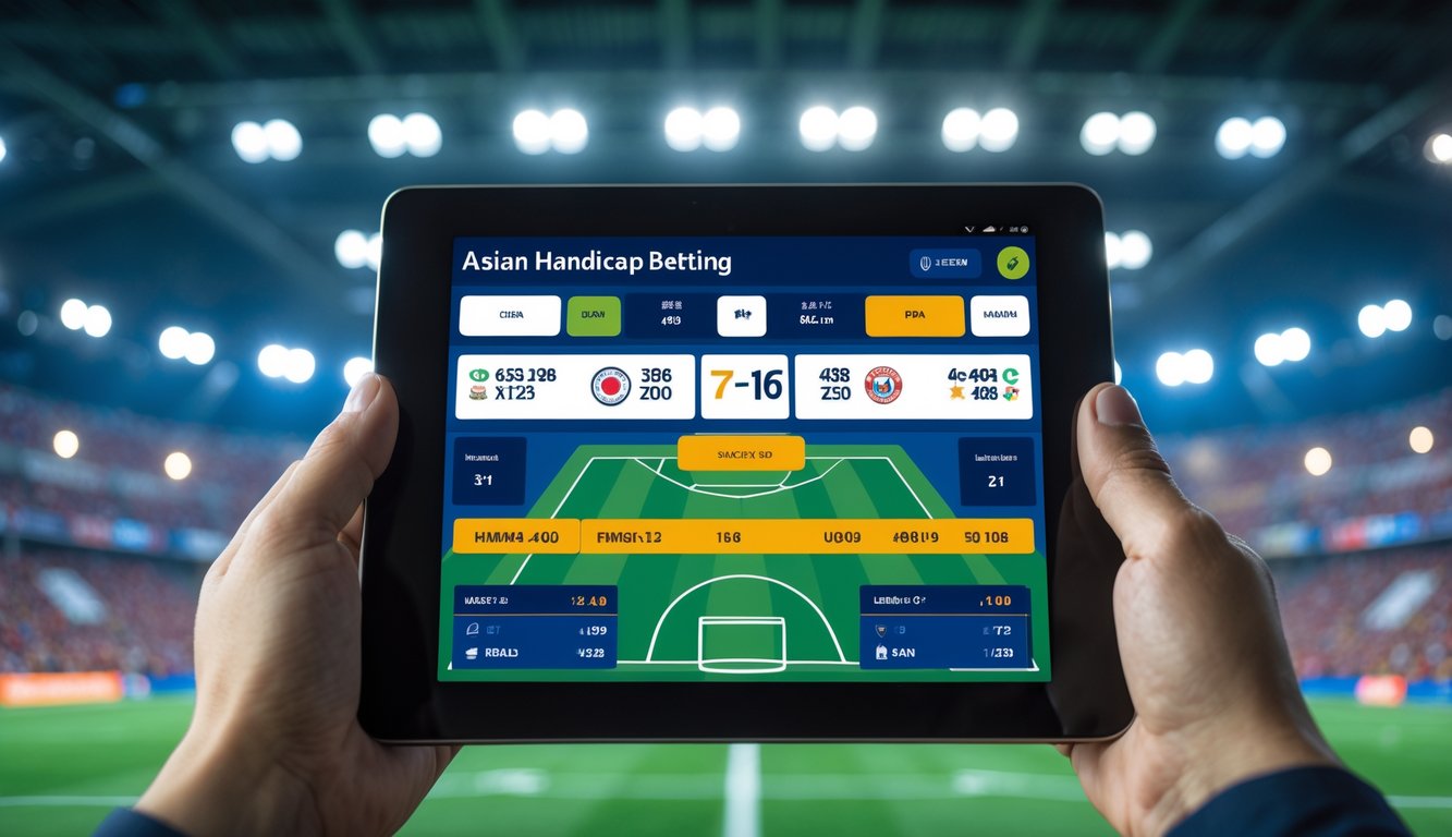 Tampilan layar perangkat digital yang menunjukkan peluang taruhan handicap Asia untuk pertandingan sepak bola dengan latar belakang stadion sepak bola yang ramai.