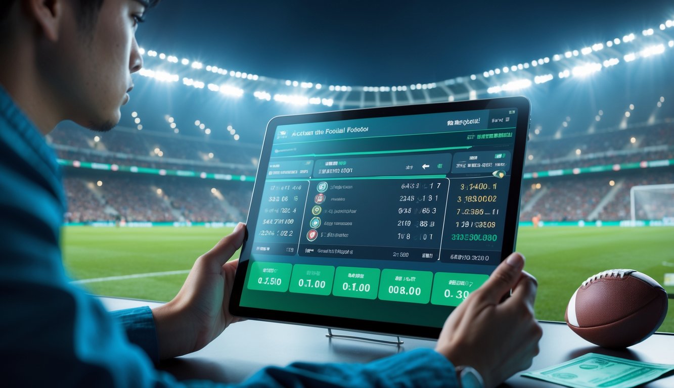 Seseorang sedang menganalisis data taruhan sepak bola Asia dengan latar belakang stadion penuh penonton.